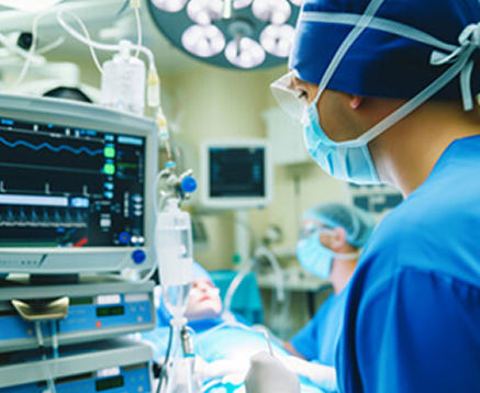 medical worker looking at screen with patient vitals